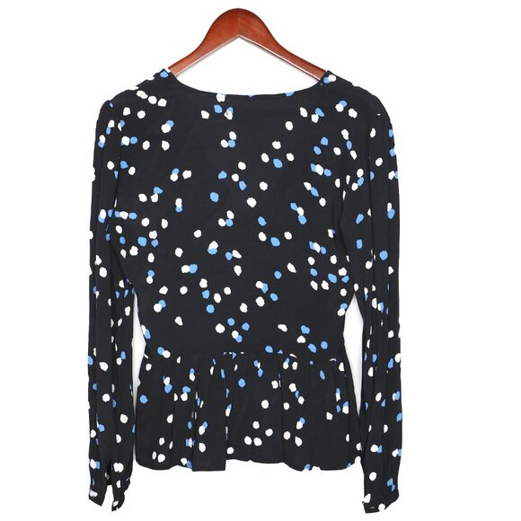 Soaked In Luxury Faux Wrap Peplum Blouse Black Blue Dot Print V-Neck Long Sleeve - Picture 4 of 8